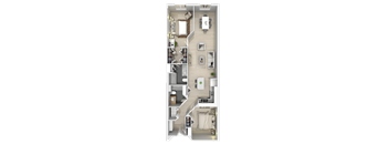 A floor plan of a house with a kitchen, living room, dining room, and two bedrooms.