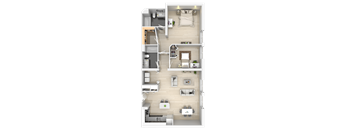 A floor plan of a house with a kitchen, living room, and two bedrooms.