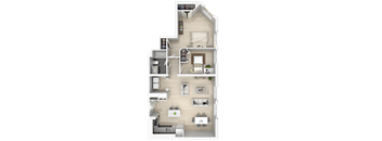 A detailed floor plan of a house with a living room, kitchen, dining area, and multiple bedrooms.