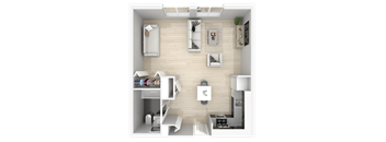 A top-down view of a small apartment layout with a kitchen, living room, and bedroom.