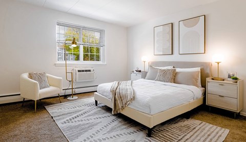 Bright bedroom with queen bed and window at Chestnut Hill Village Apartments, Philadelphia, PA