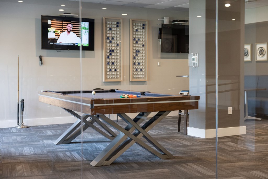 A pool table in a room with a television and a wall hanging.