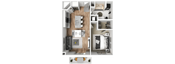 a stylized rendering of a bedroom with a wood floor