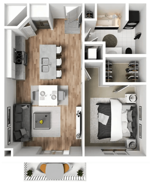 a stylized rendering of a bedroom with a wood floor