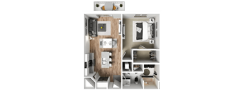 a 3d rendering of a bedroom with a bathroom and a living room