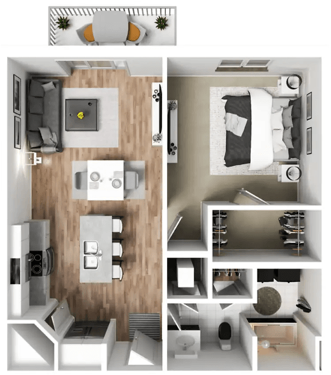 a 3d rendering of a bedroom with a bathroom and a living room
