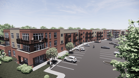 Clubhouse building with cars parked in a parking lot