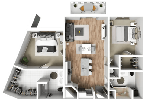 the 1122 sq ft studio floor plan with bedroom and living room