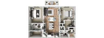 a 3d rendering of a floor plan with a bedroom and a bathroom