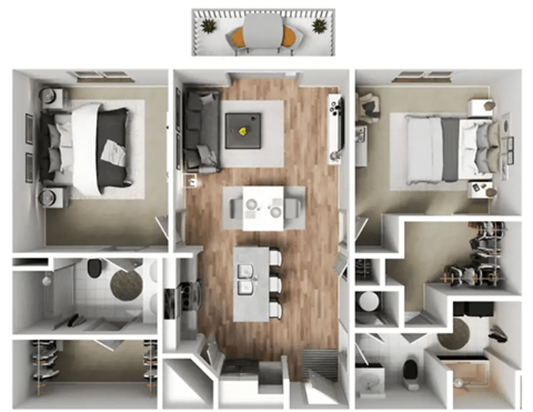 a 3d rendering of a floor plan with a bedroom and a bathroom