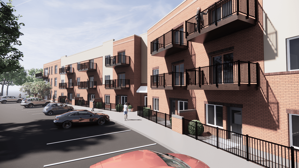 a rendering of an apartment building on a city street