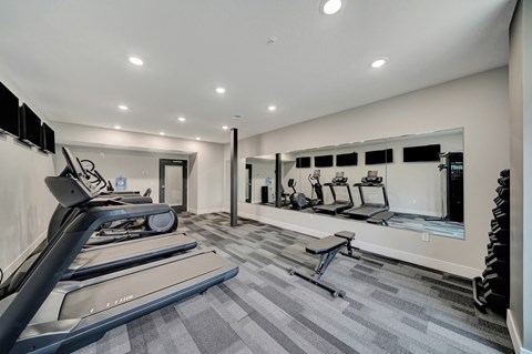 a gym with cardio equipment and mirrors on the wall