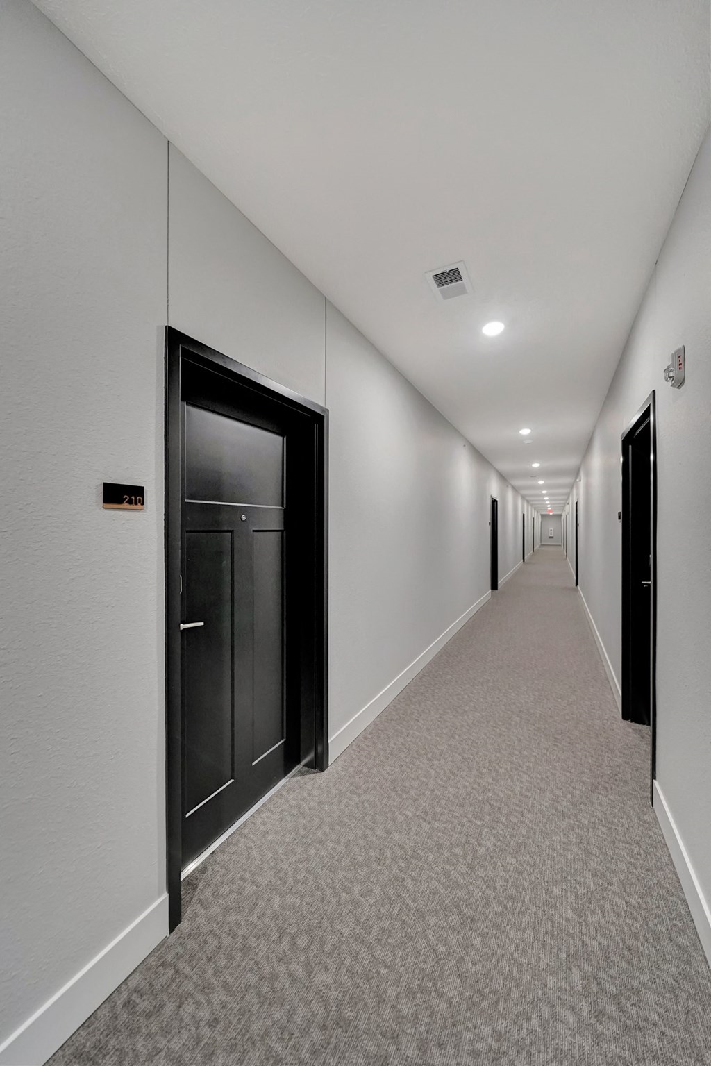 a hallway with black doors and white walls and a carpeted floor