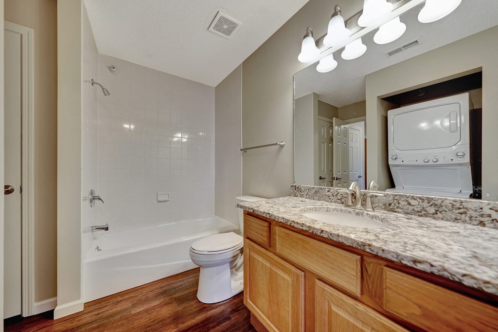 a bathroom with a shower toilet and sink and a mirror