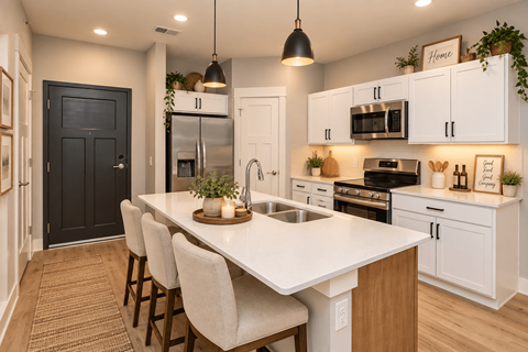 A kitchen with a white countertop and white cabinets.
