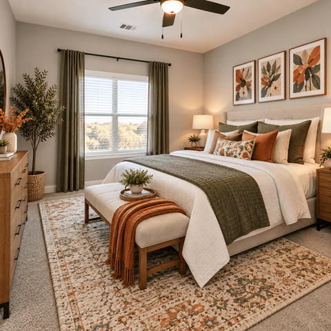 A bedroom with a large bed and a ceiling fan.