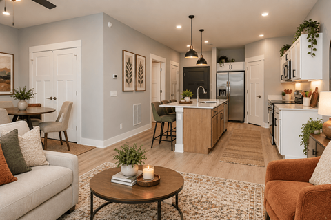 A well-lit, modern kitchen and living room with a dining table and chairs.
