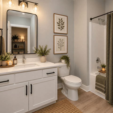 A bathroom with a white toilet, sink, and a mirror.