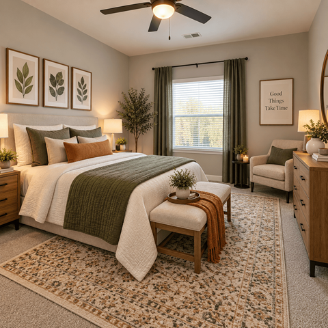 A bedroom with a large bed, a chair, and a rug.