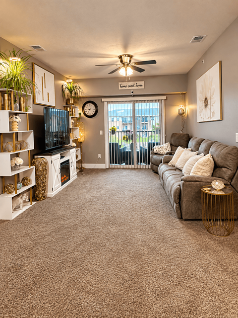 A living room with a grey carpet and a brown sofa.