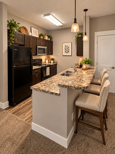 A kitchen with a black fridge and a granite counter top.