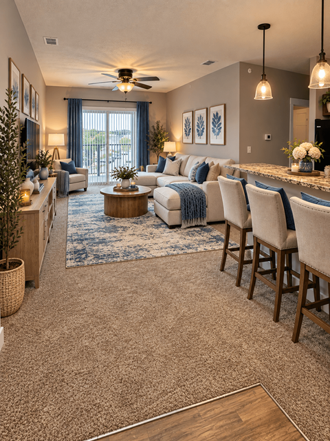 A living room with a carpeted floor and a ceiling fan.