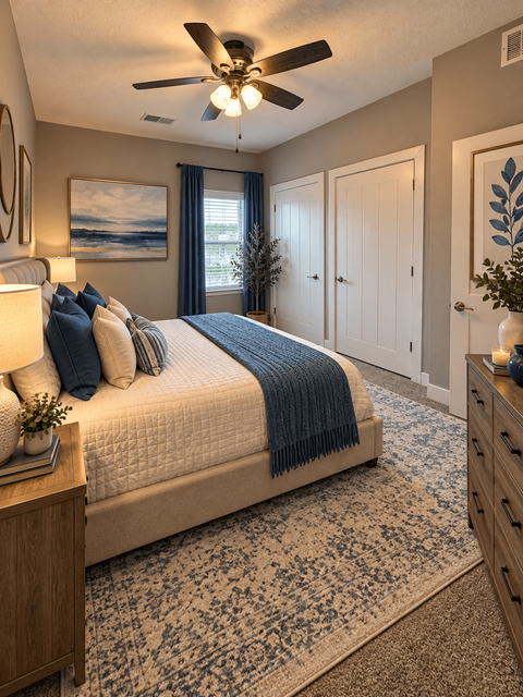 A bedroom with a large bed and a ceiling fan.