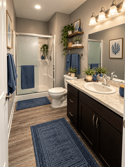 A bathroom with a toilet, sink, and shower.