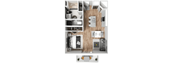 a stylized rendering of a 1 bedroom floor plan with a bathroom and a kitchen