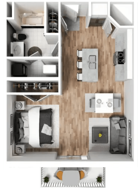 a stylized rendering of a 1 bedroom floor plan with a bathroom and a kitchen