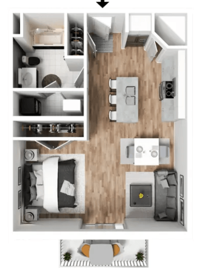 a 1 bedroom floor plan with a bathroom and a living room