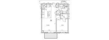a floor plan of a small house with a bedroom and a bathroom