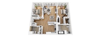 A top-down view of a well-organized apartment with a kitchen, living room, and bathroom.