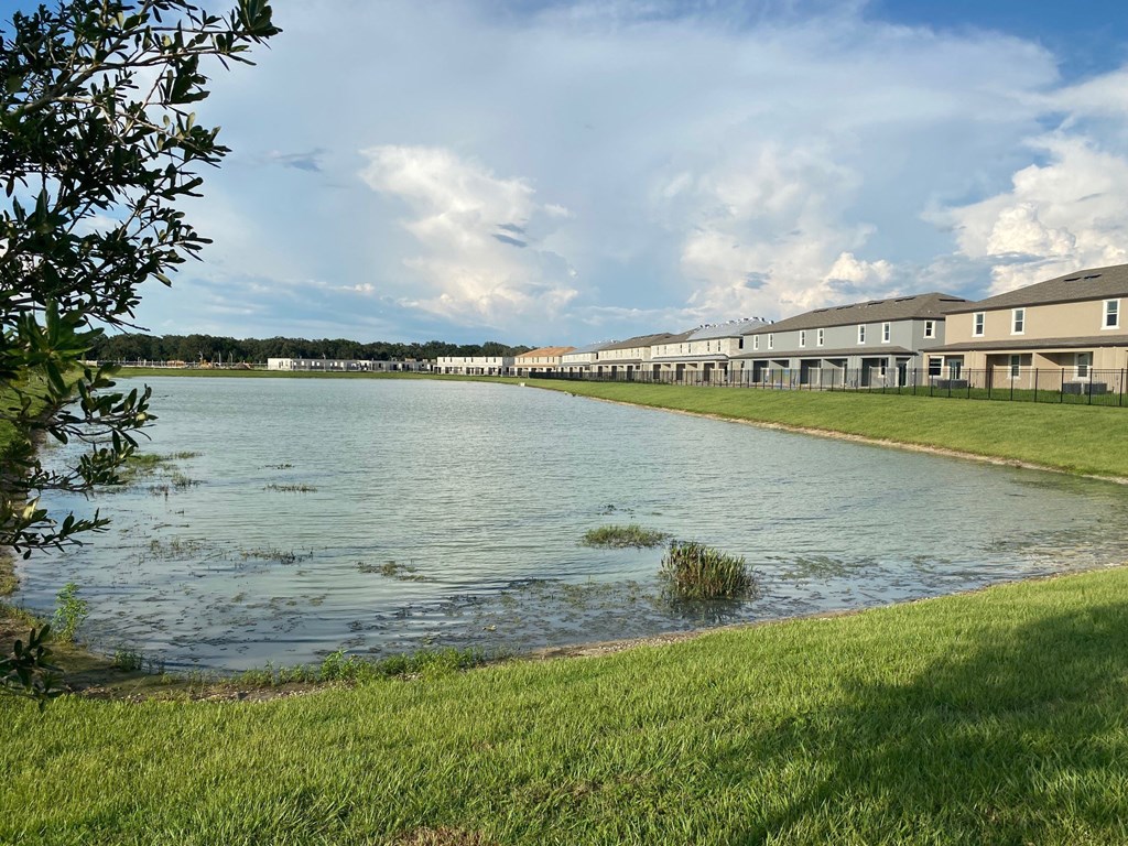 a body of water with houses on the other side of it