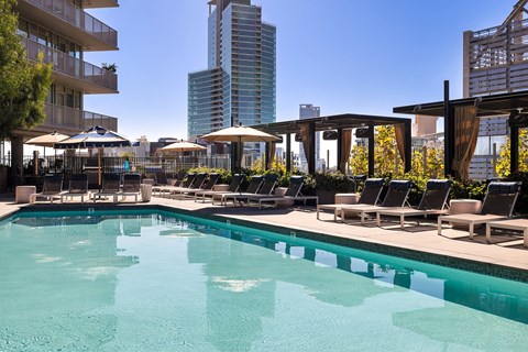 Large swimming pool at K1 Apartments, San Diego, California