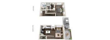 A top and bottom floor plan of a house with a kitchen, living room, and bathroom.