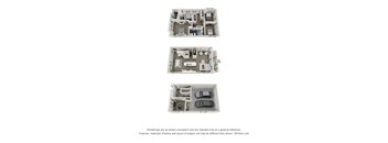 Three images of a house layout with the living room, kitchen, and bedrooms labeled.