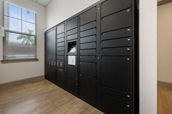 A black filing cabinet with the word LUXER on it.