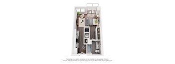 A 3D floor plan of a small apartment with a kitchen, living room, and bathroom.