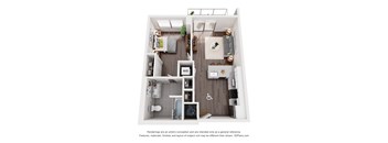 A 3D floor plan of a small apartment with a kitchen, living room, and bathroom.