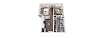 A 3D floor plan of a small apartment with a kitchen, living room, bedroom, and bathroom.
