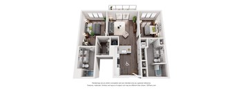 A 3D floor plan of a house with a kitchen, living room, and bathrooms.