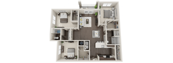 A 3D floor plan of a small apartment with a kitchen, living room, and bedroom.