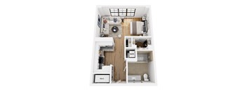 A top down view of a small apartment with a kitchen, living room, and bathroom.