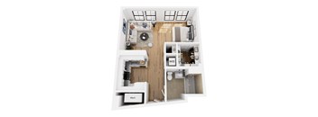 A top-down view of a well-organized, compact living space with a kitchen, dining area, and bathroom.