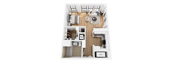 A top down view of a small apartment with a bedroom, living room, and bathroom.