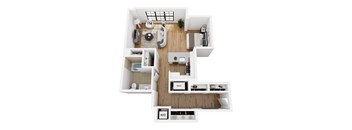 A top down view of a small apartment with a kitchen, living room, and bathroom.
