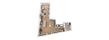 A top-down view of a small, well-organized apartment with a kitchen, living room, and bedroom.