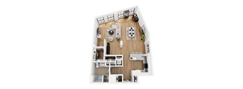 A top-down view of a small apartment with a kitchen, living room, and bathroom.