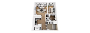 A top down view of a small apartment with a kitchen, living room, and bathroom.